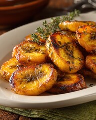 Golden-brown fried plantains garnished with fresh thyme on a rustic wooden table setting