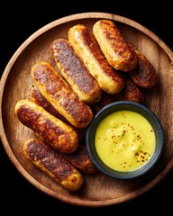 Golden-brown sausages plated elegantly with a vibrant mustard dip on a wooden board