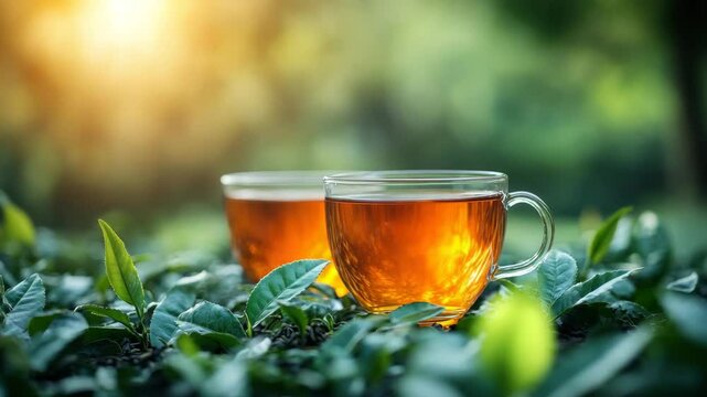 Glass cup of tea with amber liquid on green tea leaves in garden under morning sunlight, two transparent glass cups filled with warm tea creating peaceful and refreshing beverage atmosphere