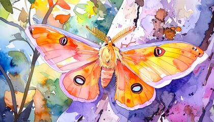 Watercolor comet moth with warm wings