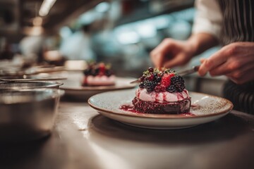 Gourmet dessert being plated in a busy restaurant kitchen with chefs in the background
