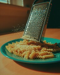 Grated cheese being sprinkled over a plate of pasta in a cozy kitchen setting