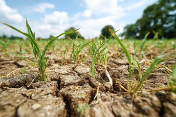Green grass shoots emerging from cracked dry soil under a bright blue sky in a rural landscape