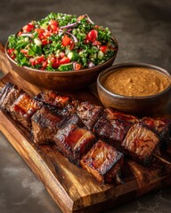 Grilled skewers of marinated meat served with fresh tabbouleh salad and spicy sauce