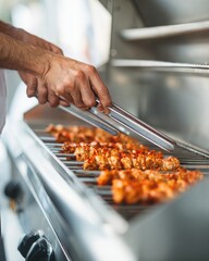 Grilling Chicken Skewers at a Summer Barbecue with Friends Enjoying in the Background