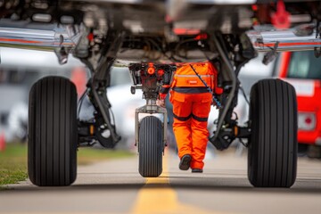 Ground crew member inspects aircraft landing gear on the tarmac during a sunny day at the airport