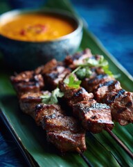Grilled meat skewers served on a banana leaf with a bowl of spicy sauce in the background