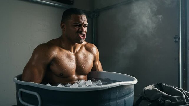 Athlete in Ice Bath for Recovery in Training Room
