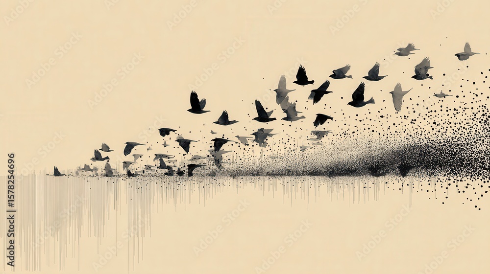 Aufkleber abstract art of flock of birds creating dynamic motion in flight