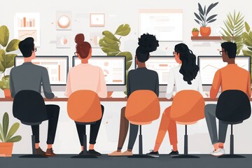 Group of diverse professionals collaborating at computers in a modern office with plants