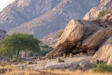 Group of lions resting near a rocky outcrop in a serene landscape at sunset