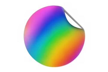 Vibrant rainbow-hued circular sticker partially peeling, transparent backdrop highlighting adhesive design element