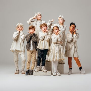 group of children pretending to be statues with frozen gestures theatrical theme neutral background