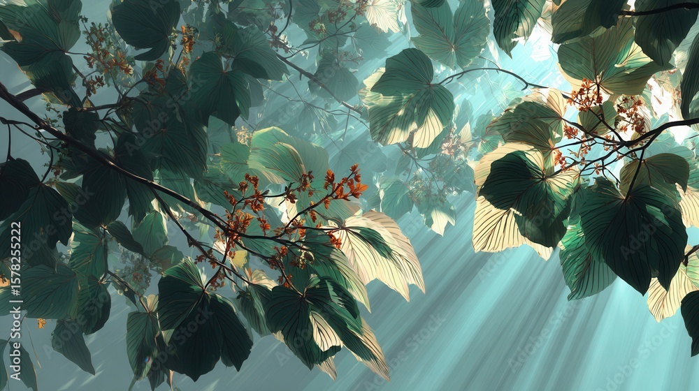 Poster sunlight filtering through leaves in a serene natural setting