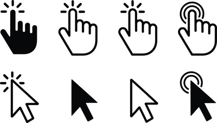 Fototapeta premium A set of eight cursor icons displaying hand and arrow designs in black and white colors