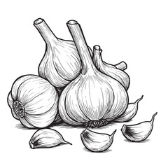Black and white illustration of garlic bulbs and cloves food ingredient