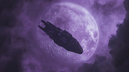 Dark spaceship above moon and clouds