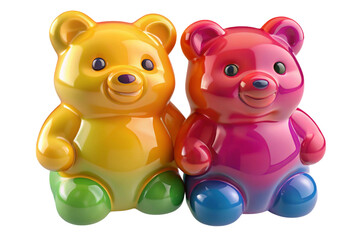 Two colorful gummy bear candies side by side isolated on transparent background