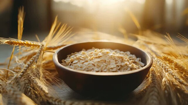 Oat flakes and rolled oats in bowl surrounded by golden wheat stalks with warm sunlight creating cozy natural atmosphere on wooden surface for healthy food cereal grain meal