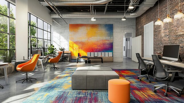 Inspiring workspace featuring modern design and vibrant colorful art piece