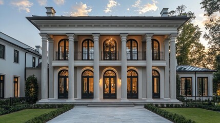 Elegant neo-classical mansion facade showcasing architectural grandeur and luxury