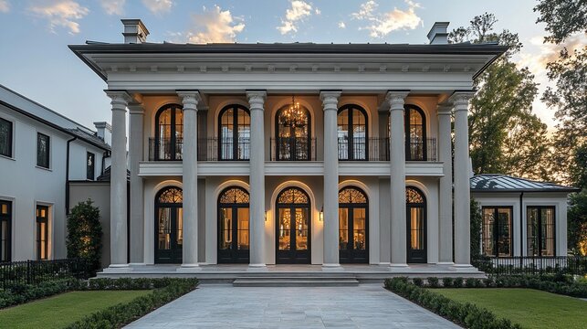 Elegant neo-classical mansion facade showcasing architectural grandeur and luxury