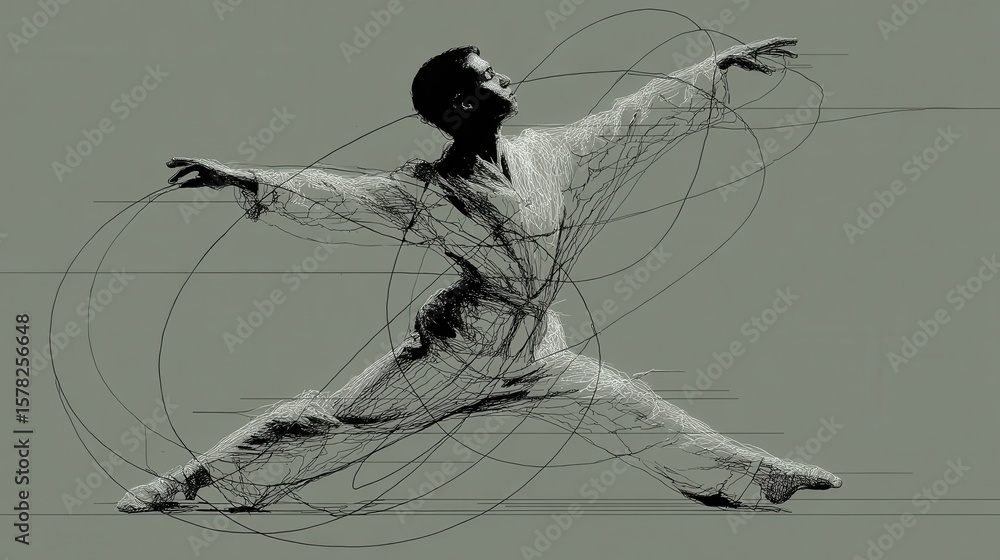 Poster dynamic line art of dancer in flowing motion with elegant pose