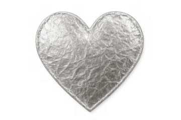 Crumpled silver foil forming a heart shape is perfect for valentine's day projects, with transparent background for easy integration