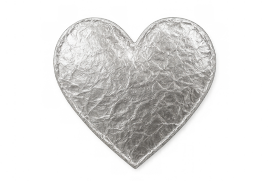 Crumpled silver foil forming a heart shape is perfect for valentine's day projects, with transparent background for easy integration