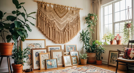 A bohemian living space showcasing a large macrame wall hanging, numerous framed artworks leaning against the wall, and an abundance of lush potted plants by a bright window.