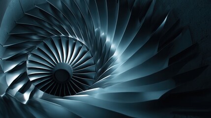 Intricate Spiral Design of a Metallic Turbine Blade in Cool Tones