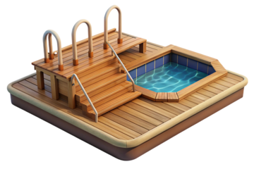 Luxury wooden deck with a small swimming pool and ladder isolated on transparent background