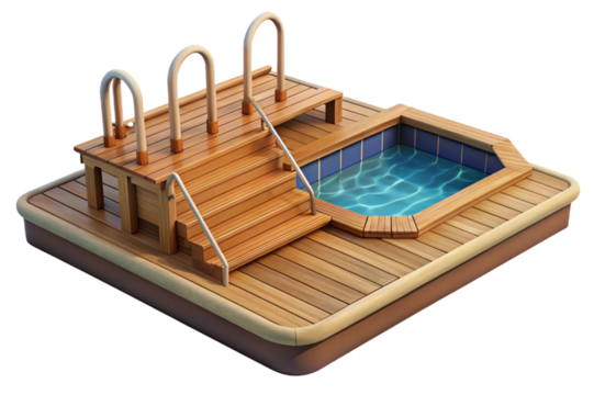 Luxury wooden deck with a small swimming pool and ladder isolated on transparent background