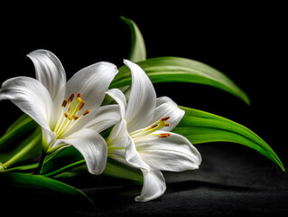 Fototapeta premium 黒背景に映える純白のユリが咲く美しい花のアップ画像