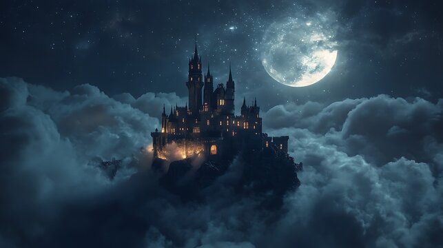 Floating castle under moonlight