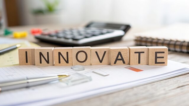Wooden letter blocks spelling "INNOVATE" with soft background of creative workspace

