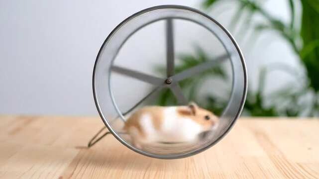 Hamster at work A small, white and tan hamster runs in a metal exercise wheel on a light wood surface, against a blurred green and white backdrop