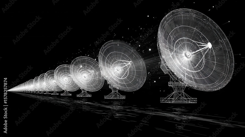 Poster futuristic array of communication satellites in monochrome design