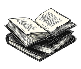 An open book is placed on top of a stack of closed books in a sketch isolated on transparent background