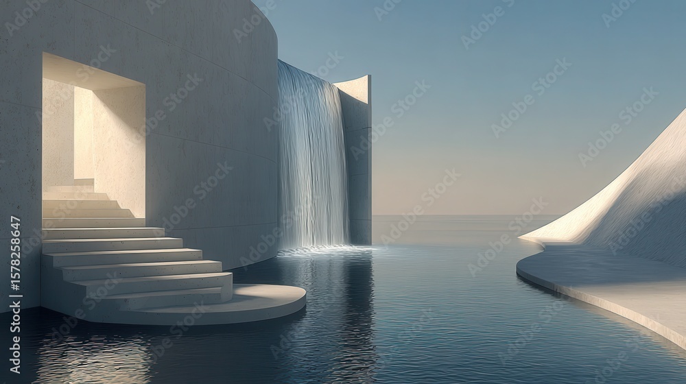 Poster serene modern architecture with waterfall and tranquil pool