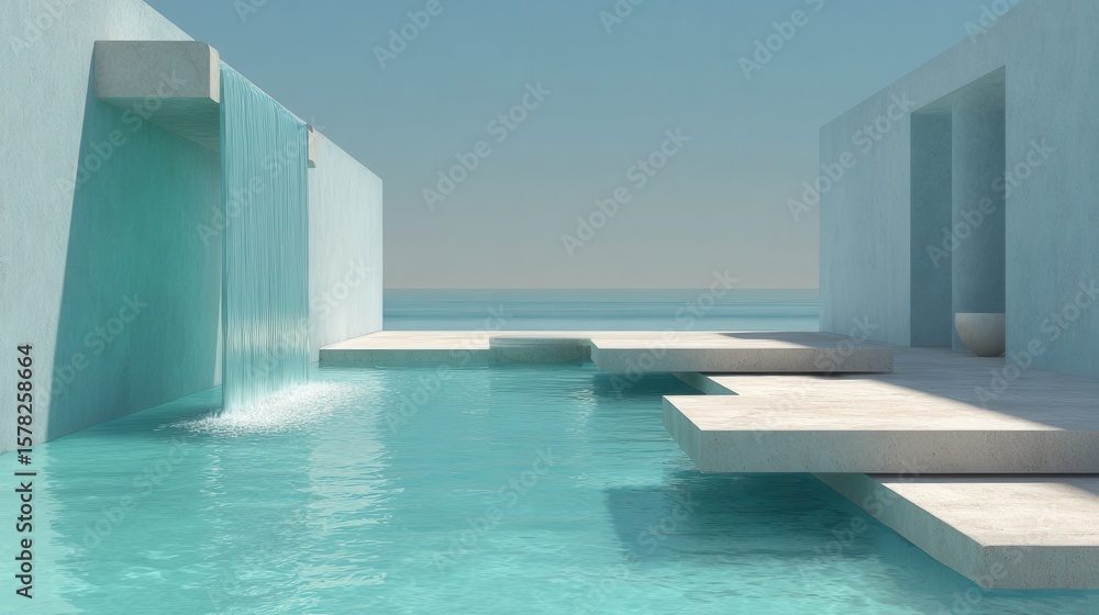 Poster tranquil modern architecture with waterfall and calm pool view