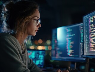 Focused woman reviewing lines of code at night.