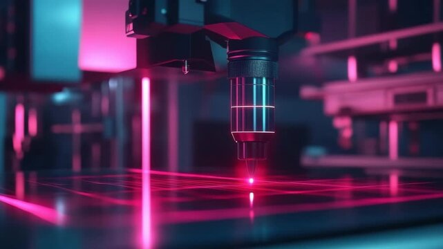 Laser cutting machine glowing pink light beam engraving metal surface industrial technology precision advanced manufacturing sharp details futuristic high tech workshop environment