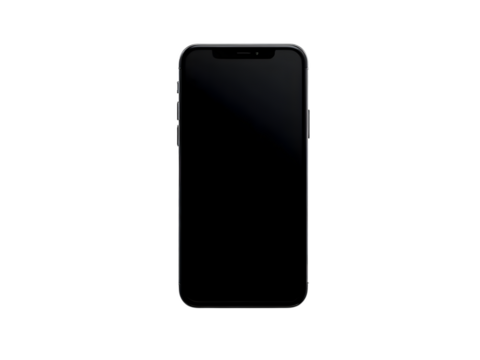 Realistic black smartphone with blank screen, flat lay top view, no branding, clean lighting, isolated on white background