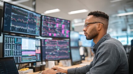 Fototapeta premium Person focused on multiple computer screens displaying financial data.