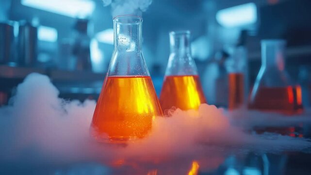 Orange liquid glowing chemical experiment in glass flask with smoke and steam in laboratory science environment creating mysterious atmosphere and scientific research reaction