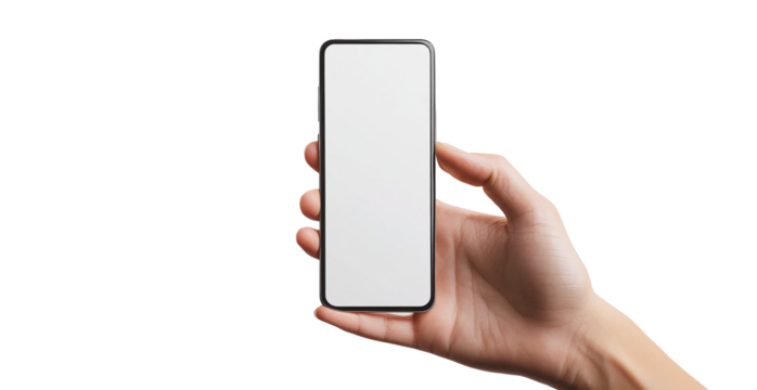 A persons hand holding a modern smartphone with a blank white screen isolated on transparent background