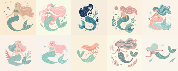 Obraz premium cartoon illustration set of mermaid