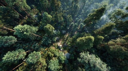 Aerial View of Lush Green Forest with Soft Morning Light
