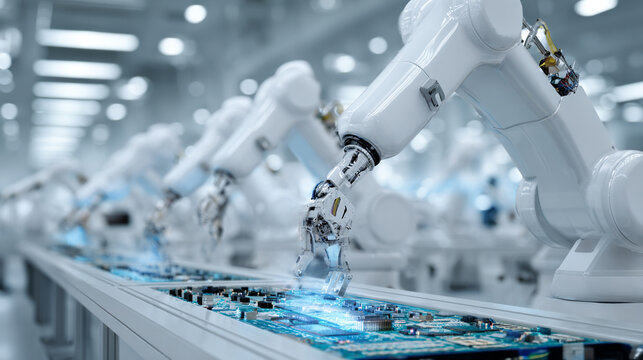 white robotic arms assembling printed circuit board in hi tech electronics factory - Powered by Adobe